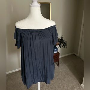 Loft Off Shoulder Top Blue Silky Polyester Lightweight Ruffle Womens S
